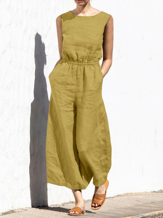 Women's Solid Color Wide Leg Linen Jumpsuit