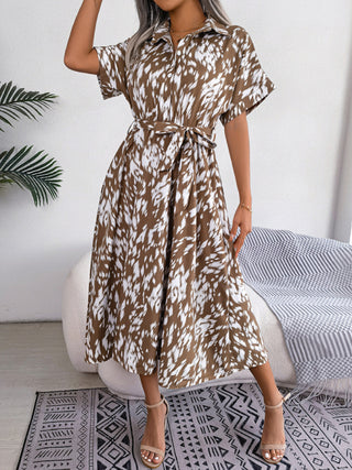 Women's Woven Loose Leopard Print Tie Short Sleeve Shirt Dress