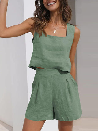 Women's Solid Color Casual Cotton Linen Sleeveless Square Neck Top + Shorts Two-Piece Set