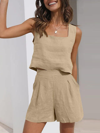 Women's Solid Color Casual Cotton Linen Sleeveless Square Neck Top + Shorts Two-Piece Set