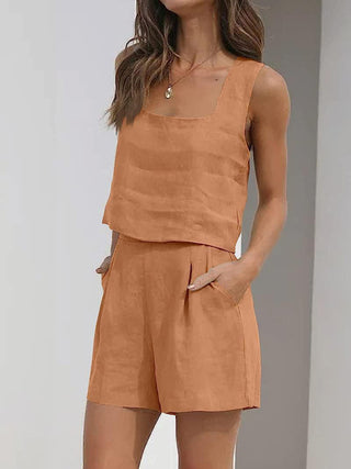 Women's Solid Color Casual Cotton Linen Sleeveless Square Neck Top + Shorts Two-Piece Set