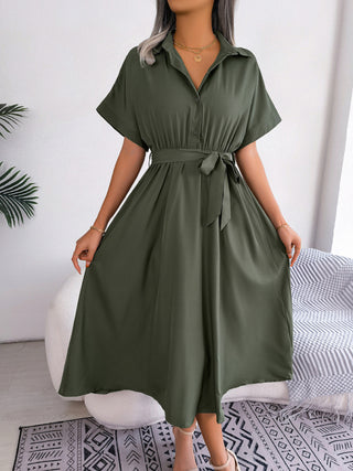 Women's Solid Color Tie Front Linen And Cotton Midi Shirtdress