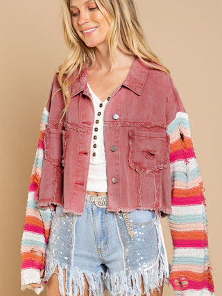 Women's casual fashion denim rainbow long-sleeved splicing jacket