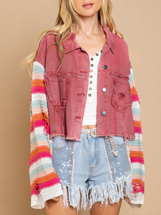 Women's casual fashion denim rainbow long-sleeved splicing jacket