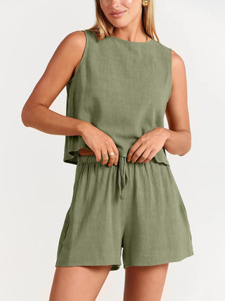 Women's woven solid color sleeveless loose cotton linen top shorts two-piece set