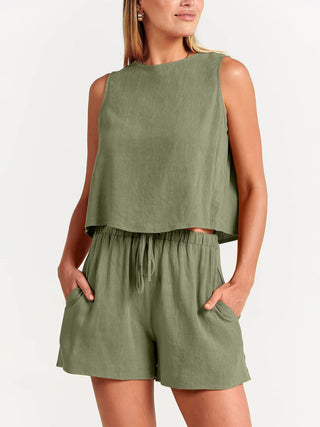 Women's woven solid color sleeveless loose cotton linen top shorts two-piece set