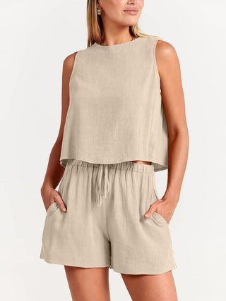 Women's woven solid color sleeveless loose cotton linen top shorts two-piece set