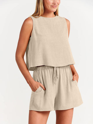 Women's woven solid color sleeveless loose cotton linen top shorts two-piece set