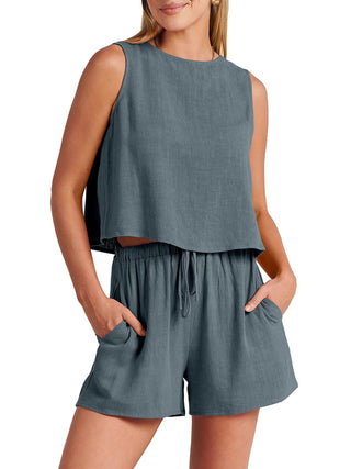 Women's woven solid color sleeveless loose cotton linen top shorts two-piece set