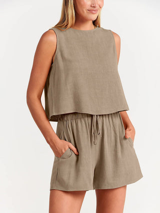 Women's woven solid color sleeveless loose cotton linen top shorts two-piece set