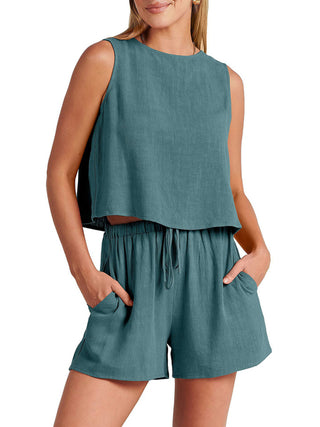 Women's woven solid color sleeveless loose cotton linen top shorts two-piece set