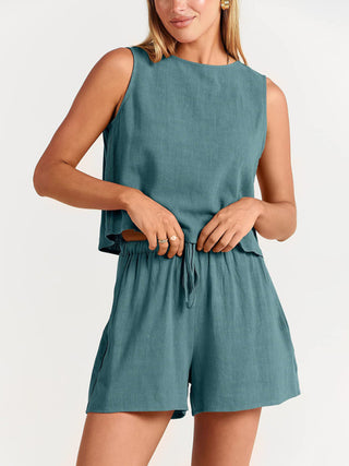 Women's woven solid color sleeveless loose cotton linen top shorts two-piece set