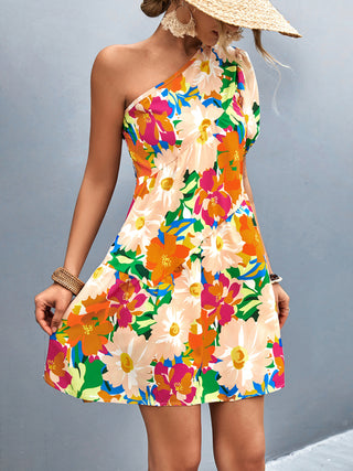 Women's Printed One Shoulder Diagonal Dress