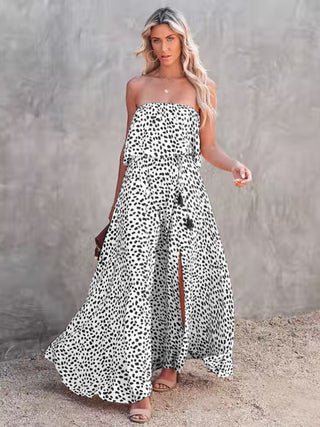 Women's Dot Print Strapless Linen And Silk Slit Maxi Dress