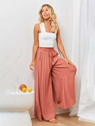 Women's Solid Color Elastic Waist Wide Leg High Waist Trousers