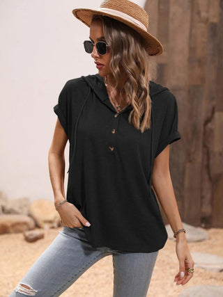 Women's Solid Color Loose Hooded Button Short Sleeve Top