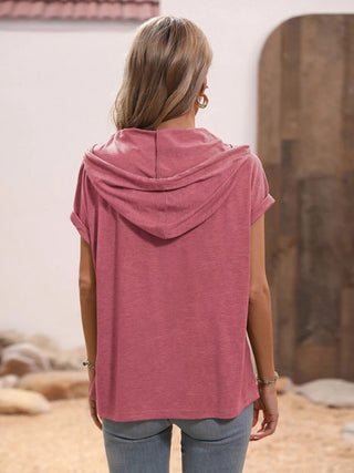 Women's Solid Color Loose Hooded Button Short Sleeve Top