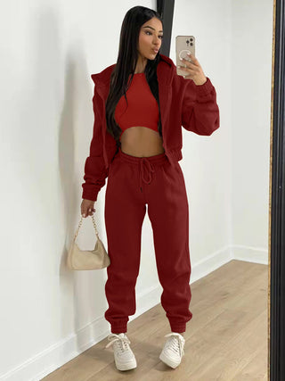 Women's Knitted Casual Sports Fleece Hooded Three-piece Suit