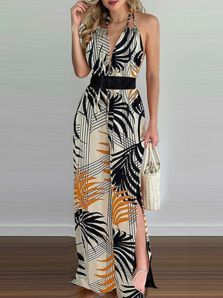 Women's Irregular Printed Halter Neck Jumpsuit