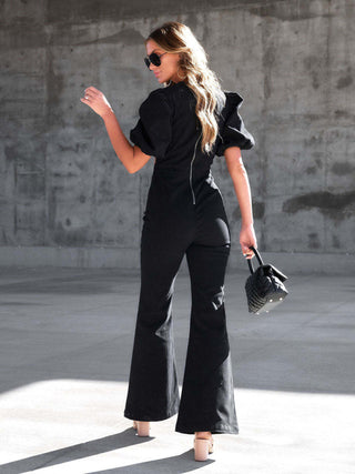 Women's Denim Slim Puff Sleeve Crossover Waist Jumpsuit