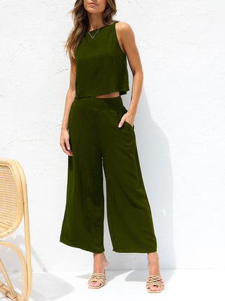 Women's casual sleeveless button-down vest cropped wide-leg pants cotton and linen suit