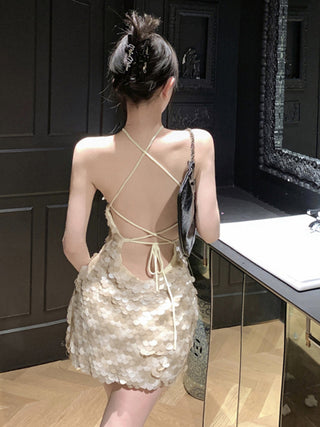 Women's Sequin Backless Design Slim Halter Neck Package Hip Dress