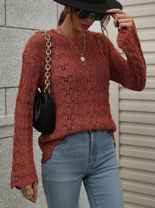 Trumpet sleeve hollow pullover round neck loose sweater women