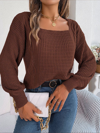 Solid Color Square Neck Twist Sleeve Sweater for Women