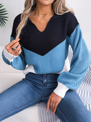 Lapel Contrast Knit Pullover for Women