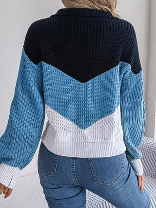 Lapel Contrast Knit Pullover for Women