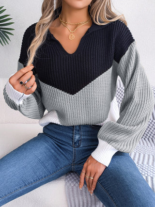 Lapel Contrast Knit Pullover for Women