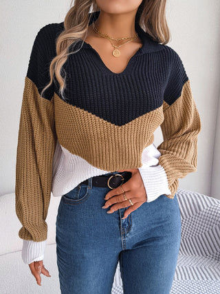 Lapel Contrast Knit Pullover for Women