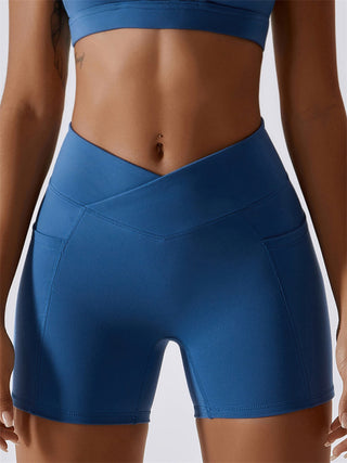 Women's Naked Hip Pocket Crossover Waist Leggings Sports Shorts