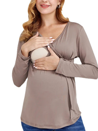 Women? Chest Wrap Tie Maternity Nursing Blouse With Long Sleeves