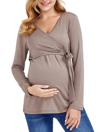 Women? Chest Wrap Tie Maternity Nursing Blouse With Long Sleeves