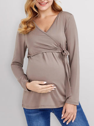 Women? Chest Wrap Tie Maternity Nursing Blouse With Long Sleeves