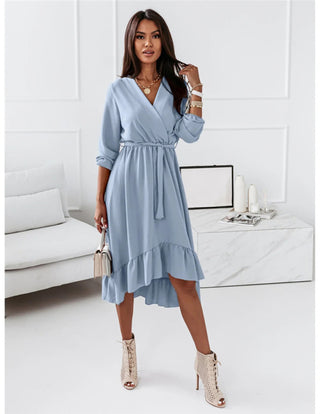 Women's Solid Ruffle Elegant Long Sleeve Dress