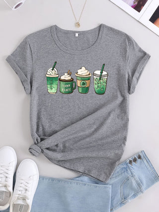 Women's knitted casual round neck four-leaf clover print short-sleeved T-shirt