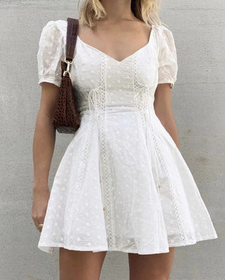 Women's Lace Embroidery Sexy Low Cut Square Neck Puff Sleeve Dress