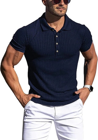 New Men's High Stretch Vertical Stripe Long Sleeve POLO Shirt Slim Fit Short Sleeve Polo Shirt