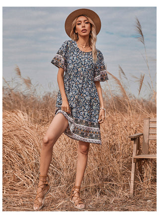 New Women's Printed Round Neck Short Vintage Dress