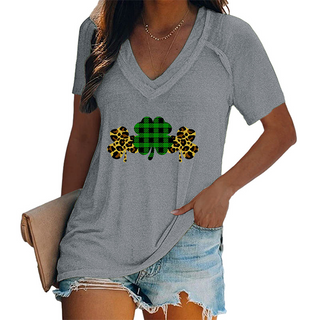 Women's V-neck clover print short-sleeved t-shirt