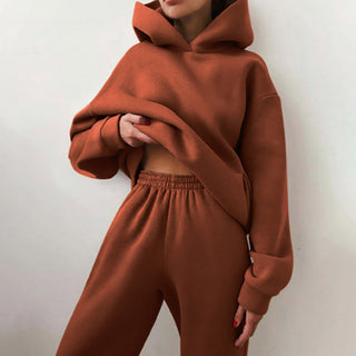 Women's solid color casual fashion trousers thickened long-sleeved hooded  set